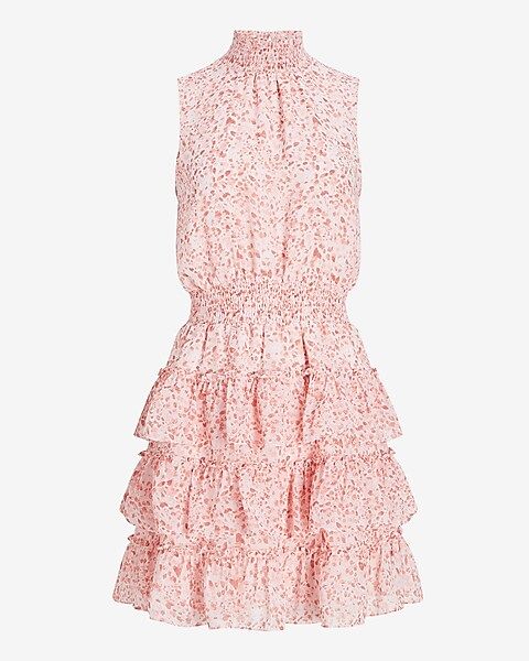 Printed Smocked Mock Neck Tiered Ruffle Dress | Express