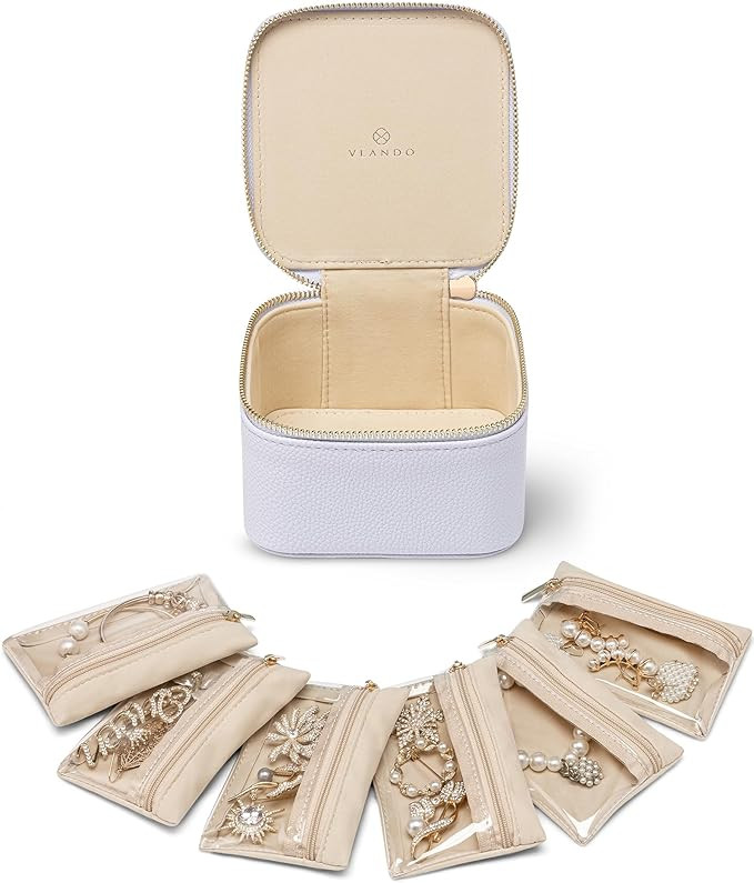 Vlando Travel Jewelry Case,Small Jewelry Box with 6 velvet zipper pockets,PU Leather Travel Jewel... | Amazon (US)