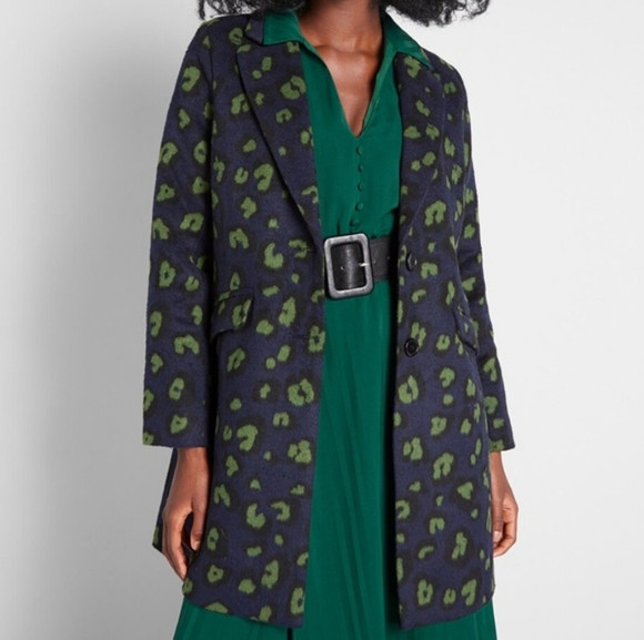 Modcloth Savvy Navy/ Green Leopard Coat XXS | Poshmark