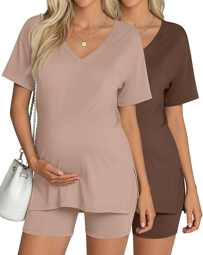 2 Pack Women's Maternity Pajama Set 2 Piece Outfits Side Split Short Sleeve Shirts Lounge Shorts ... | Amazon (US)