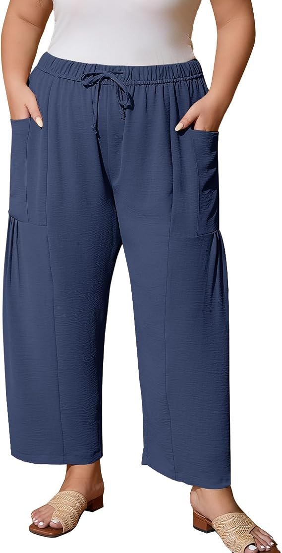 Flygo Plus Size Pants for Women Summer Casual Wide Leg Palazzo Pants Baggy Trousers with Pockets | Amazon (US)