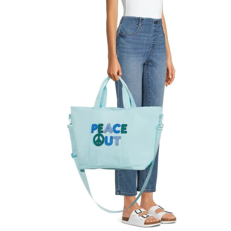 No Boundaries Women’s Peace Out Tote Bag and Pouch, 2-Piece Set Aqua Spa - Walmart.com | Walmart (US)