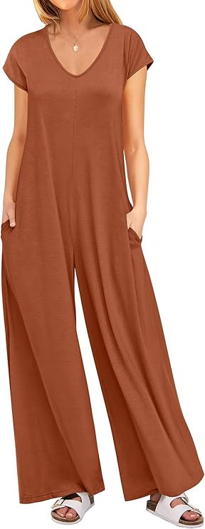 ANRABESS Jumpsuits for Women 2026 Summer Casual Loose Cap Sleeve Crewneck Wide Leg Rompers Jumper... | Amazon (US)