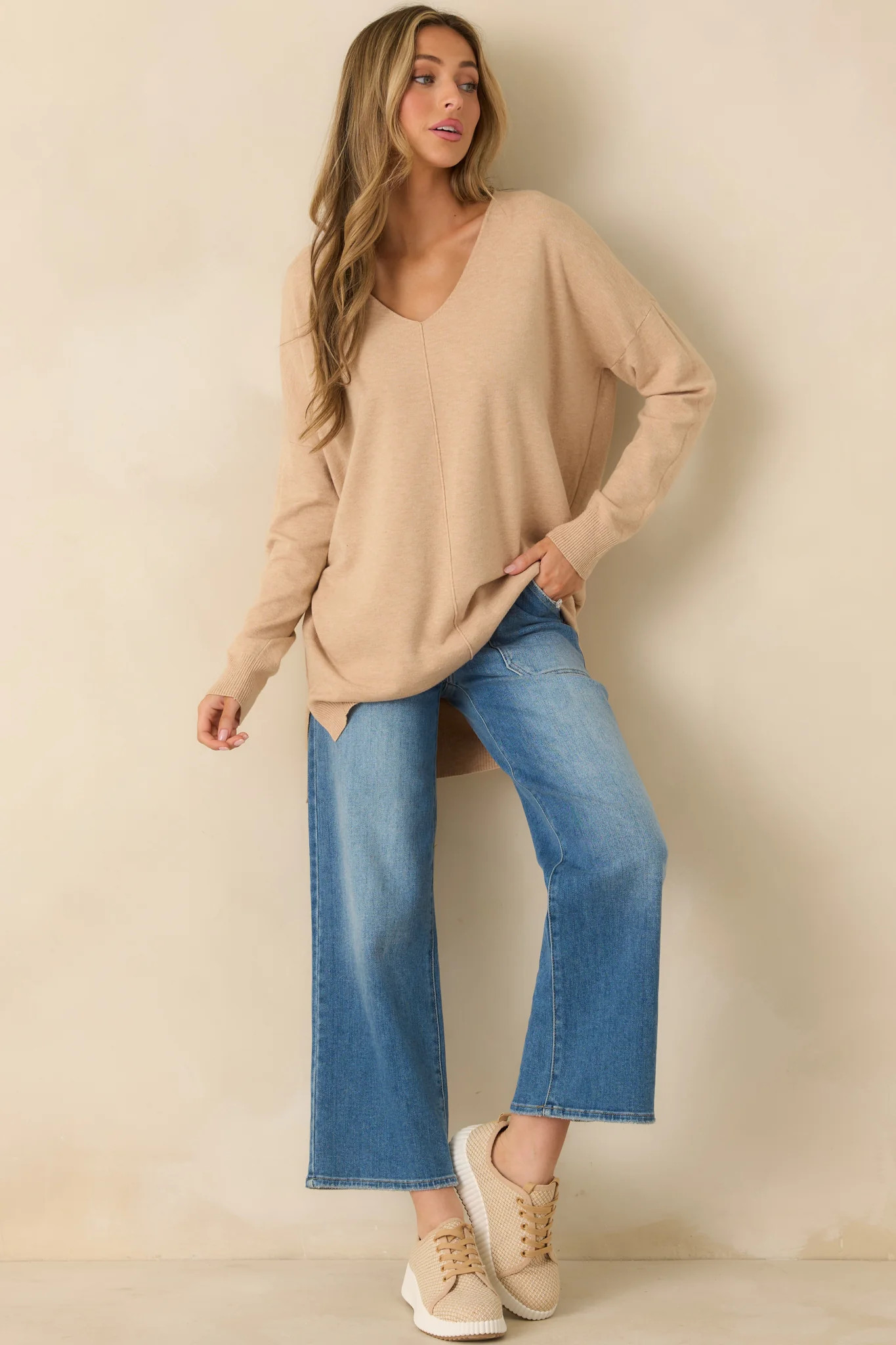 Wind Down Light Taupe Knit Long Sleeve V-Neck Sweater | Red Dress