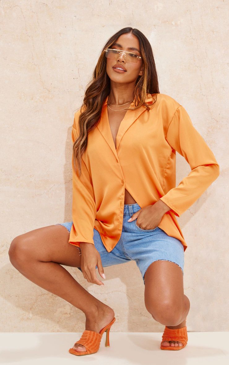 Orange Satin Button Up Shirt | PrettyLittleThing US