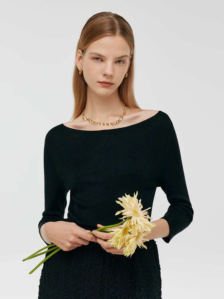 Triacetate-Cashmere Blend Boat Neck 3/4 Sleeves Women Sweater | GOELIA