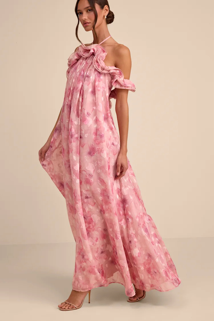 Amia Pink Floral Burnout Ruffled Shift Maxi Dress | Lulus