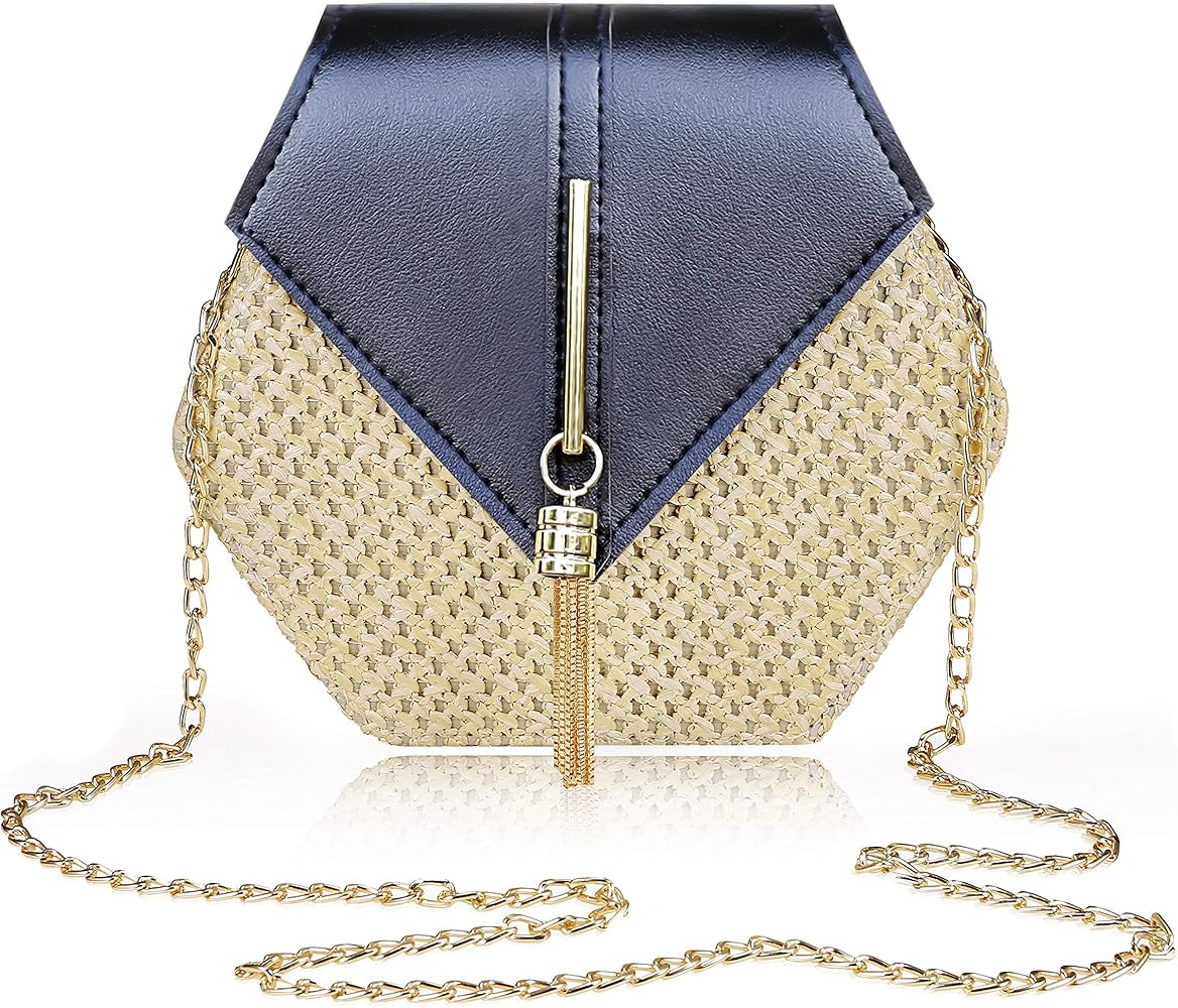 Straw Bags for Women Natural Chic Handmade Woven Clutch Purse Handbag Hexagon Round Boho Bag Bali... | Amazon (US)
