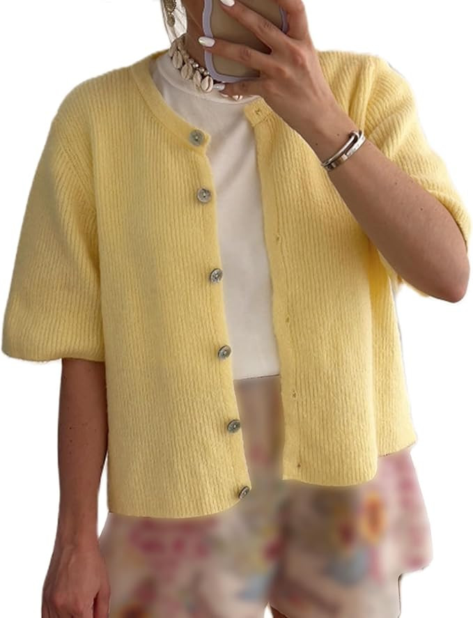 Women's Lightweight Button Up Knit Cardigan Short Sleeve Round Neck Solid Color Y2k Sweater Knitw... | Amazon (US)