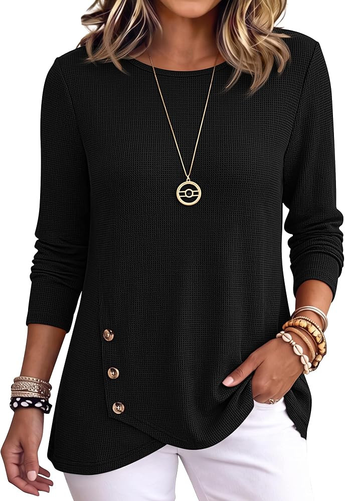 ANRABESS Women\u2019s Long Sleeve Shirts Waffle Knit Tunic Top | Amazon (US)