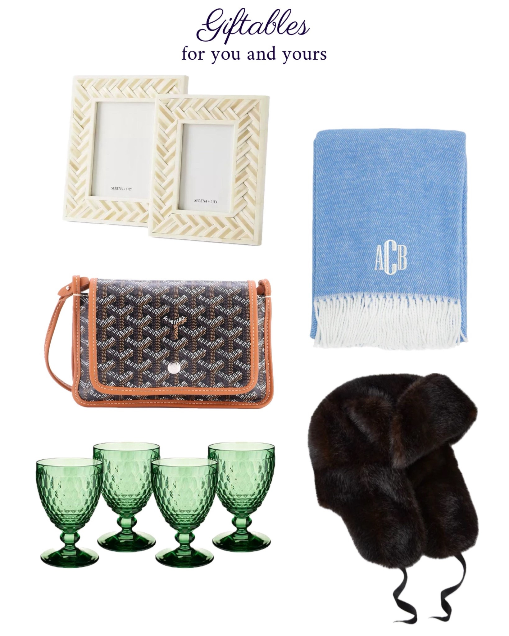 Giftables for you and yours ✨ This hat will be a winter wardrobe go to 

monogram blanket glassware table top tablescape picture photo frames Goyard purse handbag wristlet clutch 