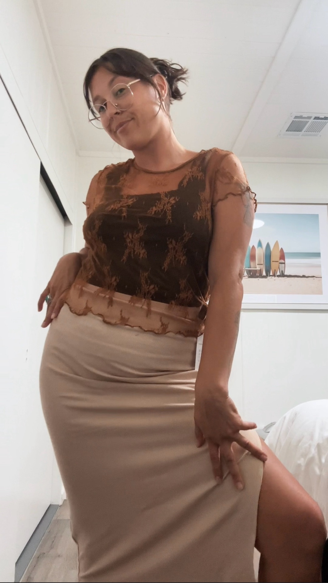 Ahhh this gorgeous light brown lacy top pairs so well with a long tan slitted maxi skirt or my black slack joggers!! And of course gold accessories ✨

#LTKautumn #LTKSeasonal #LTKPetite