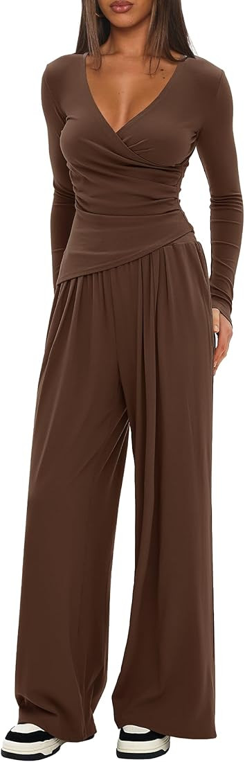 Darong Women's 2 Piece Lounge Outfits Sets Warp V Neck Long Sleeve Shirts and Wide Leg Pants Trac... | Amazon (US)