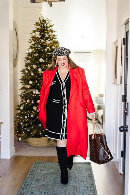 Holiday looks for shopping. Plus size holiday fashion. Red coat with collar. Knee length cardigan dress with functional buttons. Knee high boots for wide width calves 

#LTKcurves #LTKHoliday #LTKSeasonal