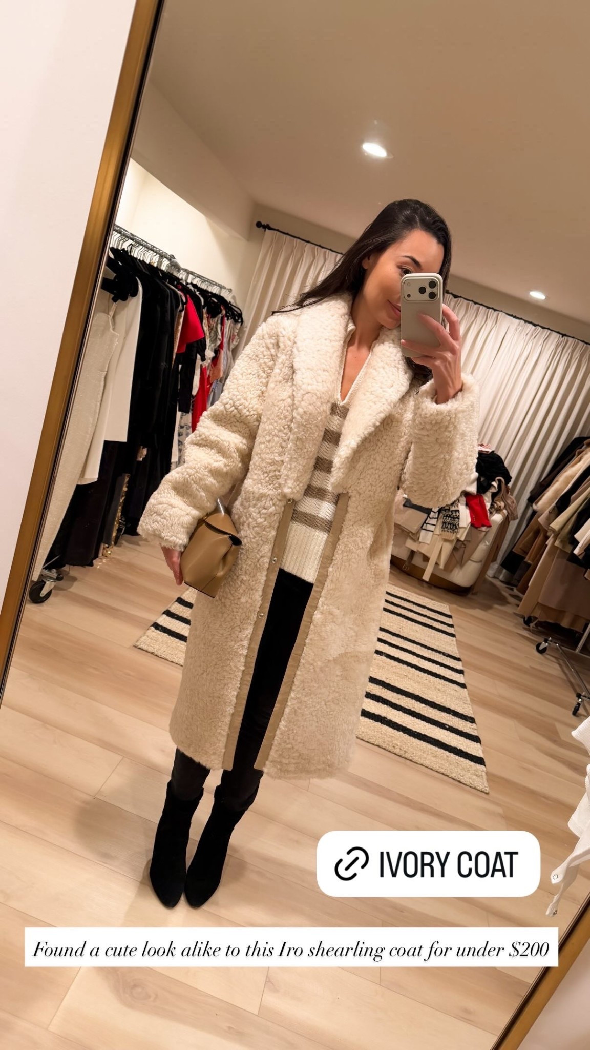 Found a cute look alike to this Iro shearling coat for under $200 linked on my stories 🤍 winter outfit, ivory coat, black booties, stripe sweater. 

#LTKSeasonal #LTKstorytime #LTKootd