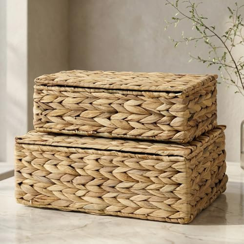 Amazon.com: Decorative Storage Boxes with Lids - Set of 2 Beautiful Wicker Organizer Bins for You... | Amazon (US)
