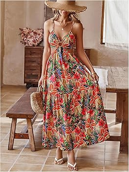 Floerns Women's Cut Out Tie Back Boho Maxi Dress Spaghetti Strap Beach Vacation Tiered Long Dress... | Amazon (US)