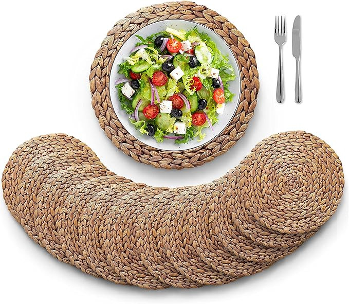 (Sizes: 12"-13"-14") BLUEWEST Woven Placemats Set of 12, Brown Round Rattan Placemats, Wicker Wat... | Amazon (US)