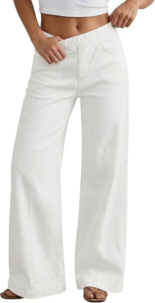 GRAPENT Pull On Womens Jeans Baggy Stretchy High Waisted Denim Wide Leg Trouser Pants Trendy Fron... | Amazon (US)