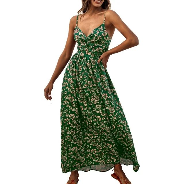 Cupshe Women's Twisted Dress V Neck Sleeveless Long Dress Floral Pleated Self Tie Back Adjustable... | Walmart (US)