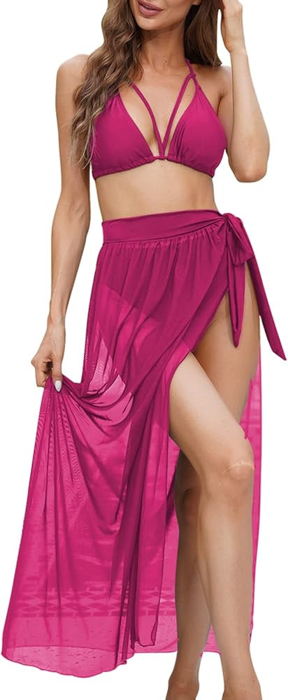 Kisscynest Women's Halter Neck Cut Out 3 Pieces Swimwear with Mesh Maxi Skirt | Amazon (US)