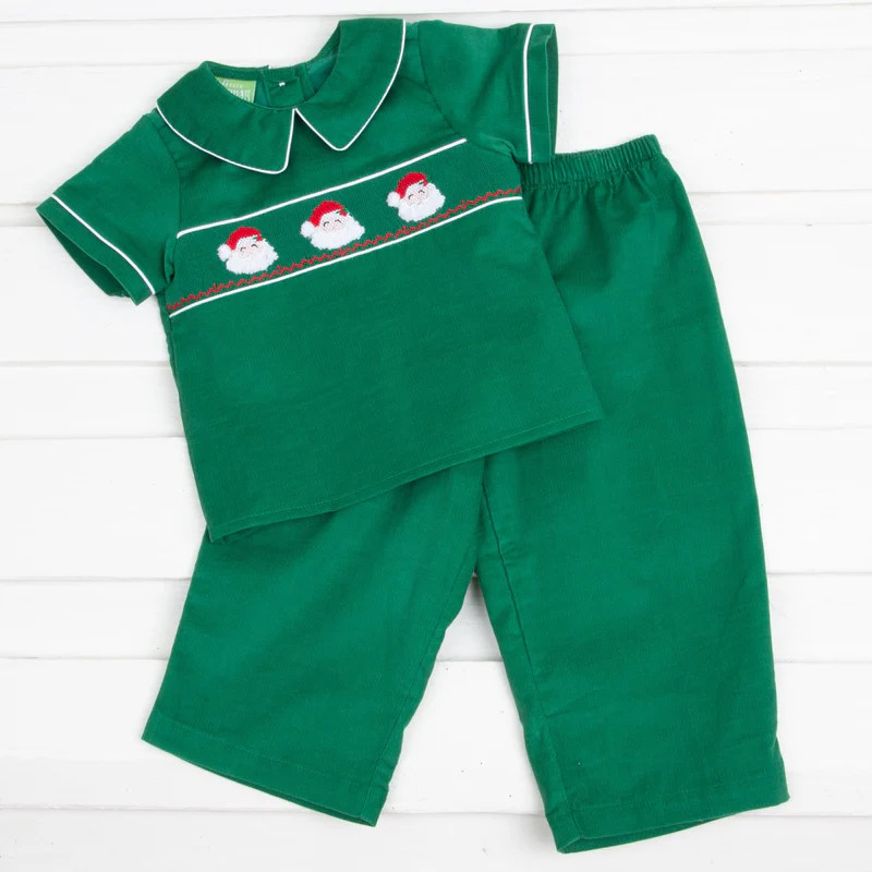 Santa Face Smocked Green Pant Set | Classic Whimsy
