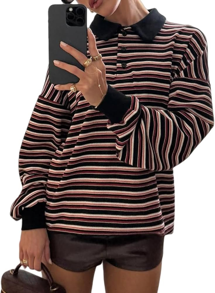 Y2K Striped Polo Shirts for Women Vintage Aesthetic Rugby Shirts Collared Long Sleeve Cute Preppy... | Amazon (US)