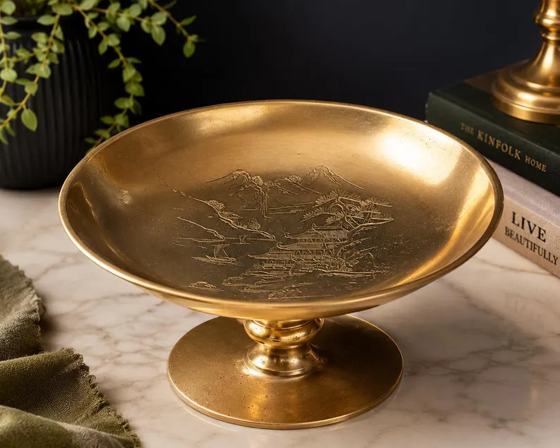 Vintage Solid Brass Pedestal Bowl with Asian Landscape Engraving, Heavy Brass Centerpiece Compote... | Etsy (Global)