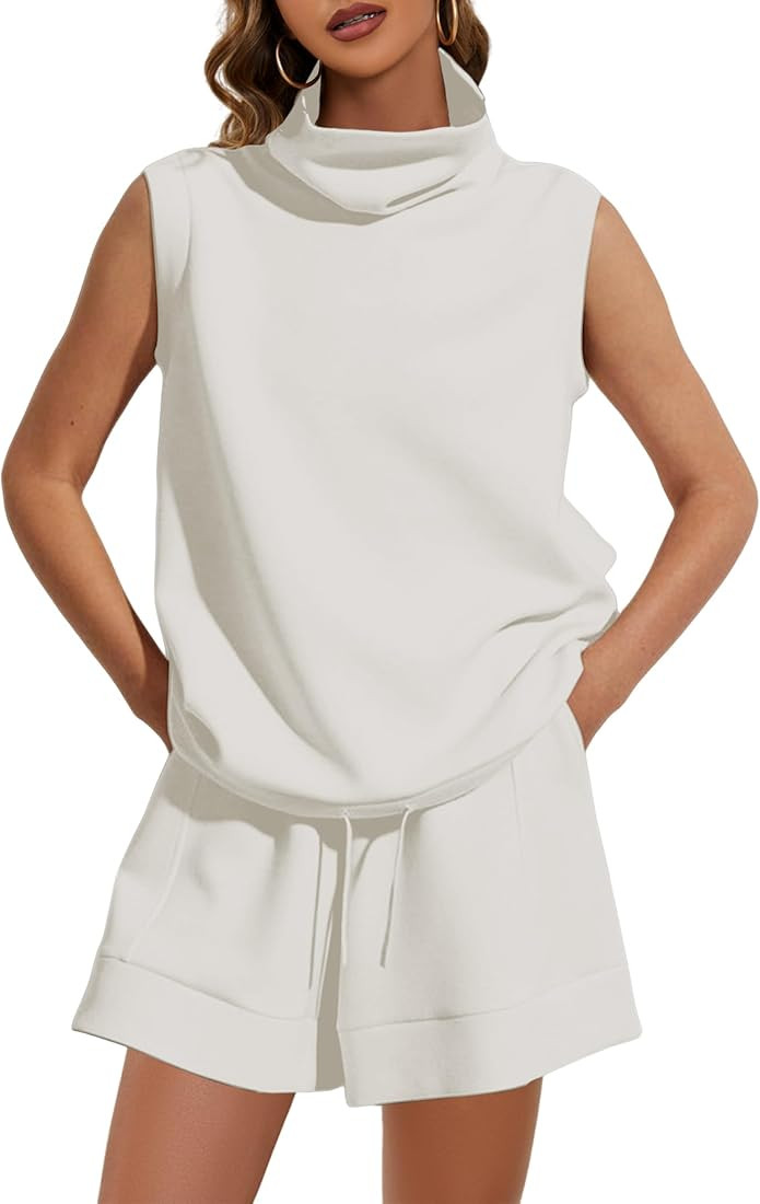 OLAPTA Women 2 Piece Sweatsuits Mock Neck Sleeveless Sweatshirt Tank High Waist Drawstring Shorts... | Amazon (US)
