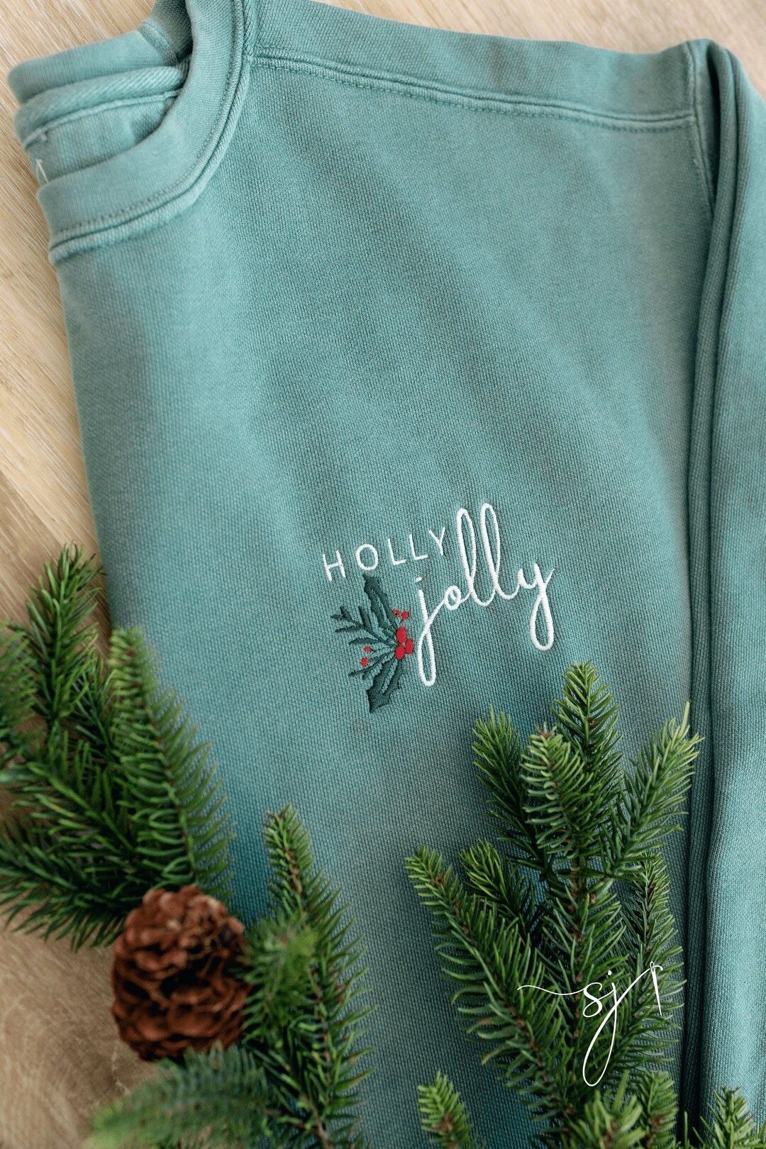 Holly Jolly Embroidered Light Green Comfort Colors Crewneck Sweatshirt or T-shirt, Winter, Minima... | Etsy (US)