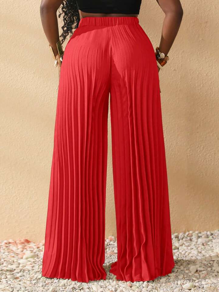 SHEIN Slayr Elegant Elastic Waist Dark Green Pleated Large-Footed Extra-Long Wide-Leg Pants For W... | SHEIN