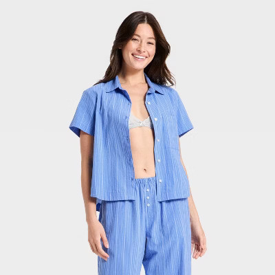 Women's Striped Cotton Blend Short Sleeve Pajama Shirt - Auden™ Blue M | Target