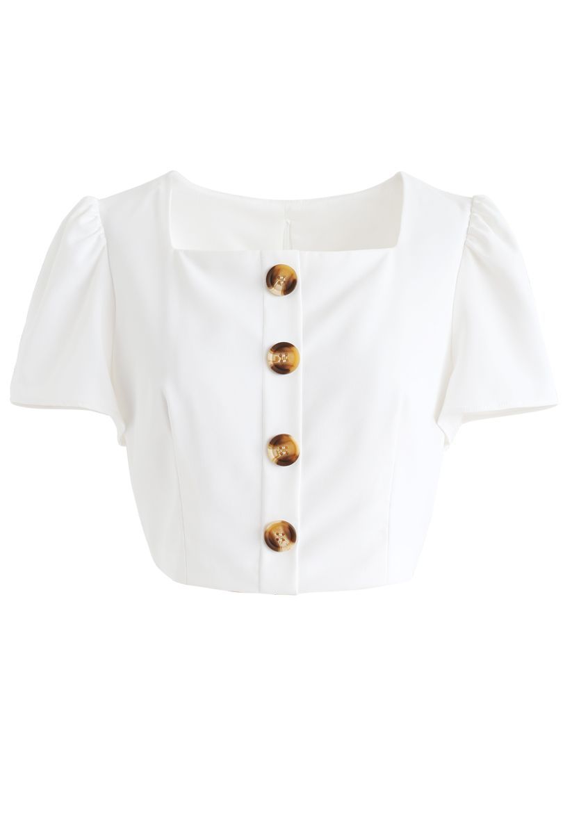 Square Neck Buttoned Cropped Top in White | Chicwish