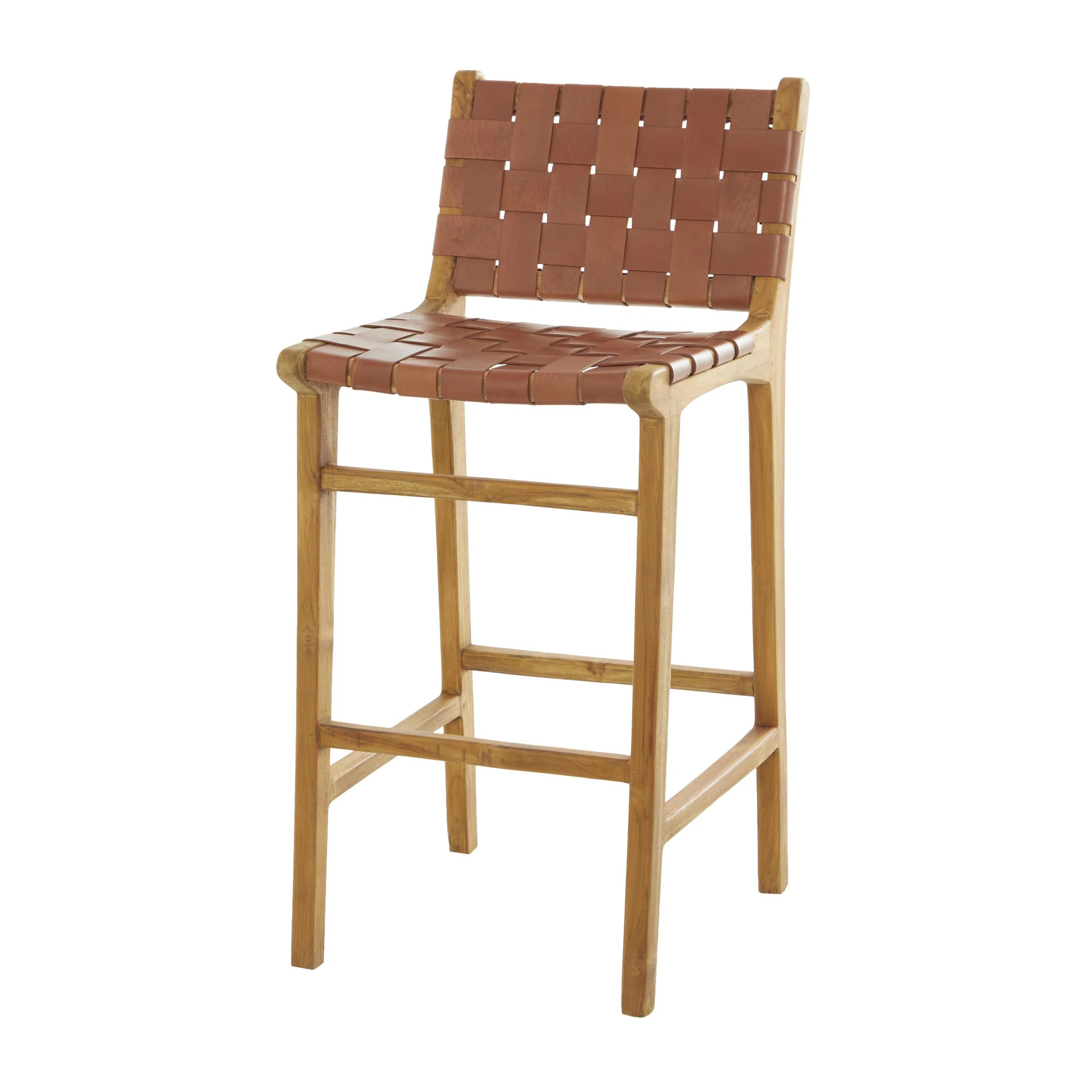 Joss & Main Markus Teak Wood Woven Leather Seat and Back Bar Stool with Beam Footrest | Wayfair | Wayfair North America