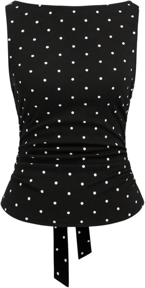 BEAUDRM Women's Polka Dots Tank Tops Y2k Bow Back Crew Neck Sleeveless Coquette Going Out Top | Amazon (US)