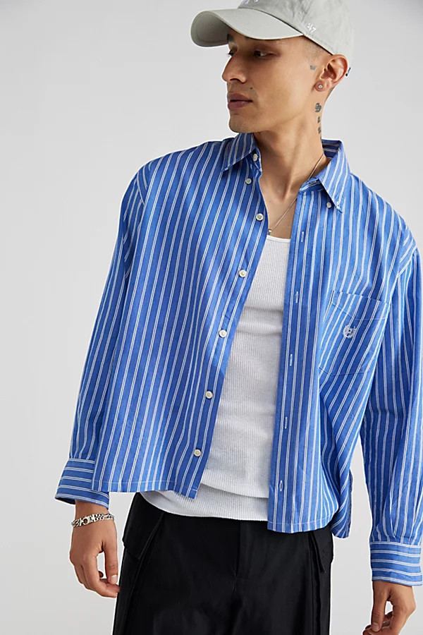 Urban Renewal Remade Clean Finish Cropped Button-Down Shirt in Blue, Men's at Urban Outfitters | Urban Outfitters (US and RoW)
