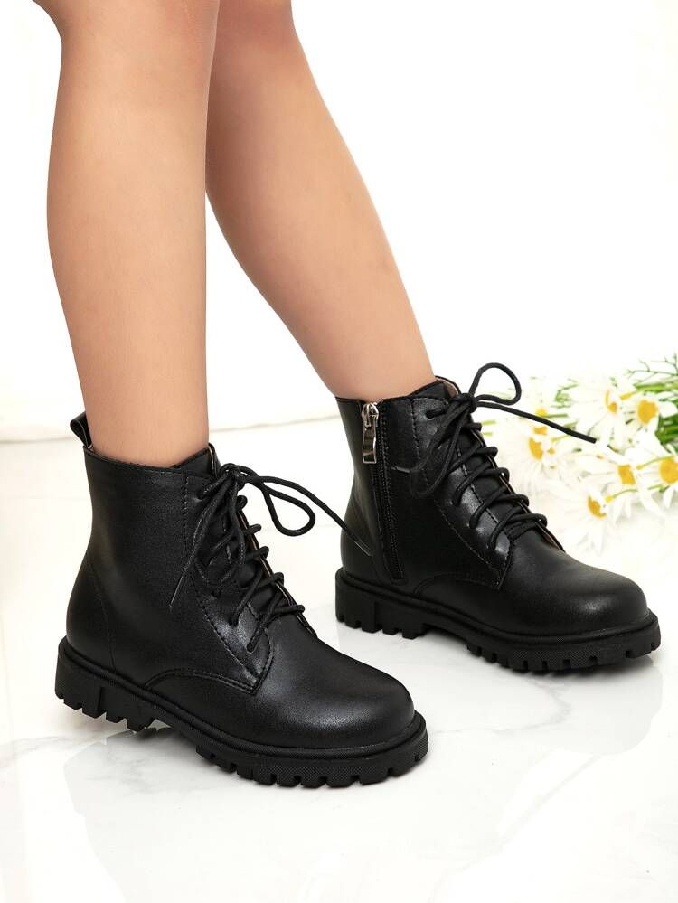 Girls Zipper Back Lace-Up Front Combat Boots | SHEIN