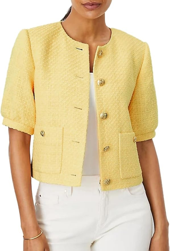Puff Short Sleeve Tweed Jacket Women Cropped Blazer Summer Open Front Casual Office Work Coat | Amazon (US)