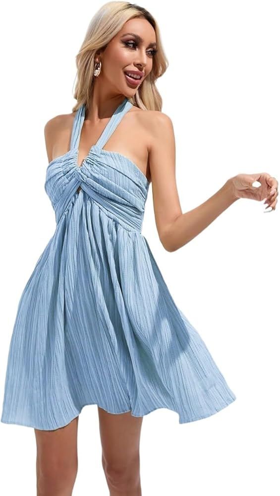 METOES Women's Spring Summer 2023 Boho Mini Short Dress Solid Tie Backless Halter Dress | Amazon (US)