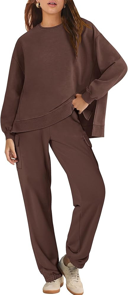 ANRABESS Women 2 Piece Outfits Sweatsuit Oversized Sweatshirt Matching Cargo Jogger Sweatpants 20... | Amazon (US)