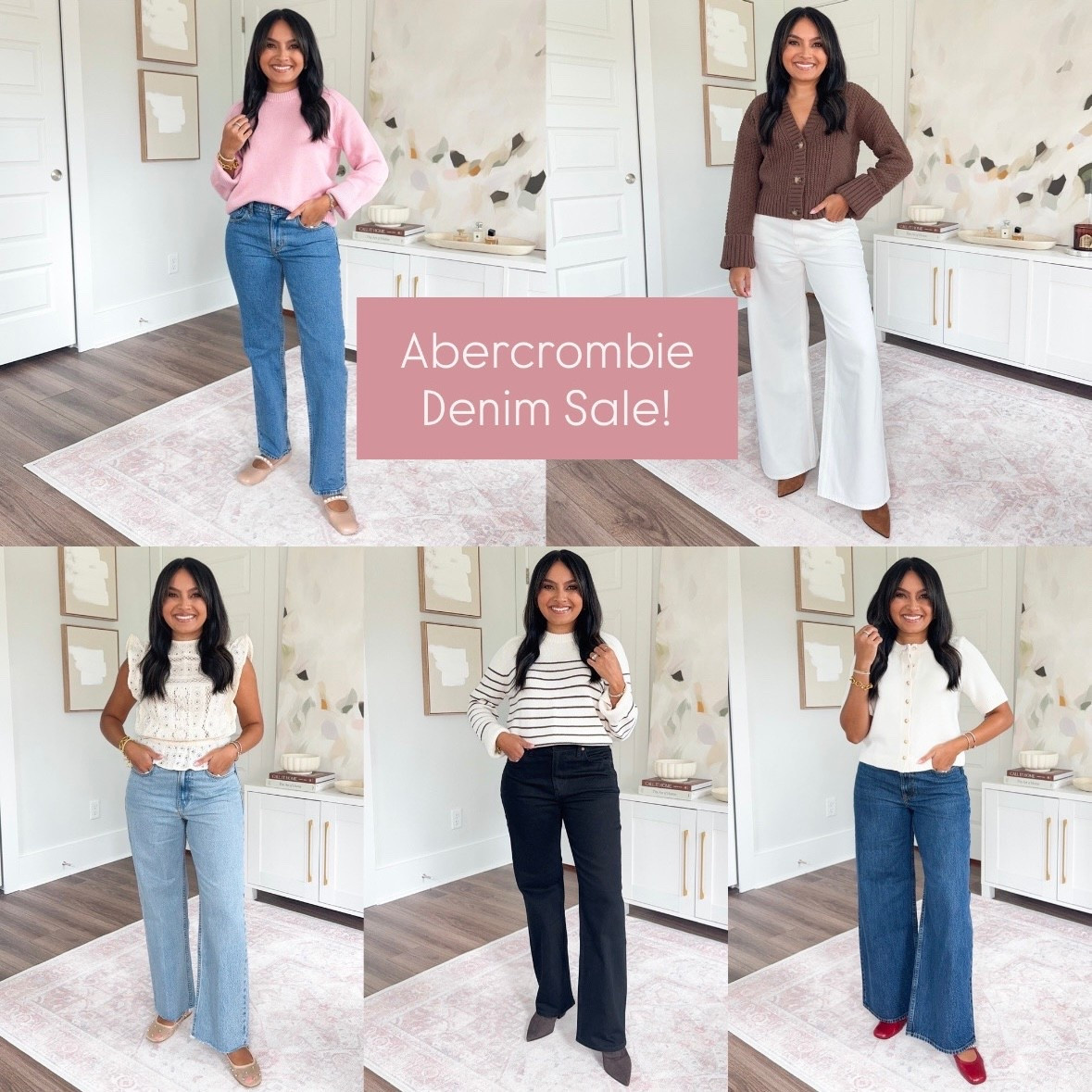 Abercrombie Denim Sale!
Code DENIMAF for an extra 15% off!
For reference: I’m 5’0, 32b bra size, and 2/26 in bottoms, pear shaped. 
*Everything I share is unaltered! TTS means true to size.

Light pink sweater size xxs TTS
Straight jeans - size 26 short TTS in color dark marble
Tan flats size 5 TTS in color adobe 

Brown chestnut cardigan size xxs TTS
White wide leg jeans size 26 shorts TTS - prefer with a low heel for length
Brown boots size 5.5 TTS in color medium natural

Cream ivory eyelet top size xxs TTS
Loose jeans size 26 extra short TTS
Clear mesh rhinestone flats - old, similar linked

Brown striped cream sweater size xxs TTS
Black jeans size 26 short TTS in color no fade black - prefer with a low heel for length
Dark brown boots size 5.5 TTS

Cream button down short sleeve cardigan size xs TTS
Wide leg jean size 26 short TTS
Red flats size 5 TTS

Jeans
Petite denim
abercrombie.com
Fall outfits
Jeans try on
Short length
Back to school
Autumn outfits
Relaxed jeans
90’s jeans
Loose jeans
Mid rise jeans
High rise jeans
Rachel Miranda Blog
Honeysweetpetite
Honey Sweet Petite


#LTKStyleTip #LTKSaleAlert #LTKPetite