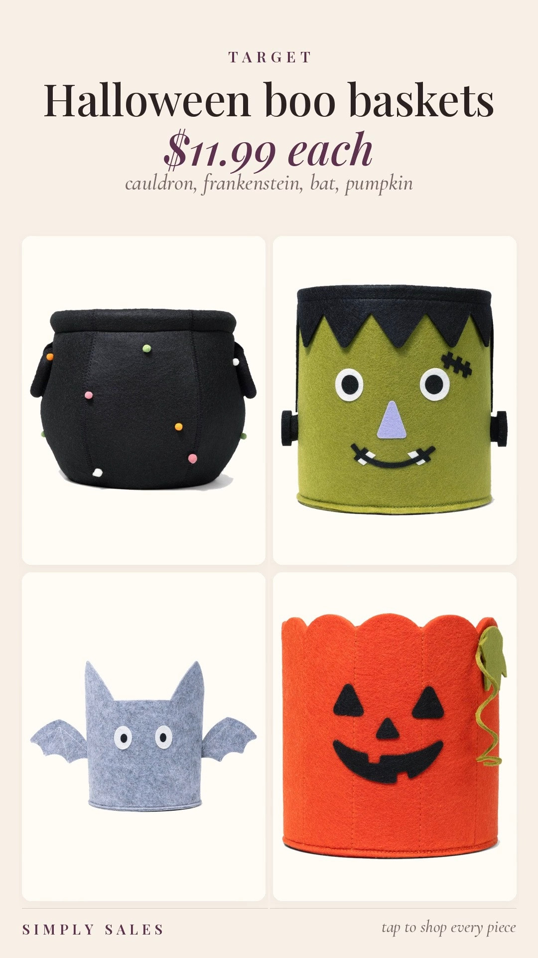 Target's felt Halloween baskets are $11.99 and they make the cutest boo baskets. Cauldron, Frankenstein, bat, mummy and pumpkin designs.

halloween basket, felt treat bucket, boo basket, trick or treat bucket, kids halloween decor, target halloween finds, halloween storage bin, jack o lantern basket, frankenstein basket, bat basket, cauldron basket, mummy basket, halloween party favors, kids halloween gift

#LTKHome #LTKSeasonal #LTKKids