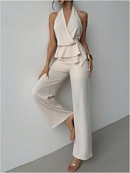 OYOANGLE Women's 2 Piece Going Out Sets Halter Wrap Top and Pants Set | Amazon (US)