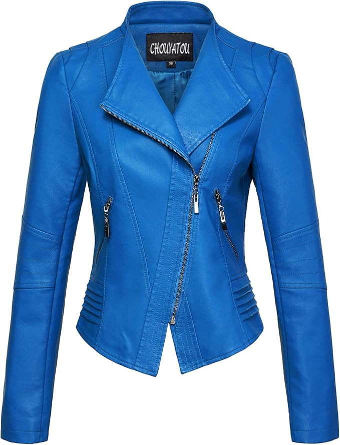 chouyatou Women's Casual Collarless Cropped Pu Leather Biker Jacket | Amazon (US)
