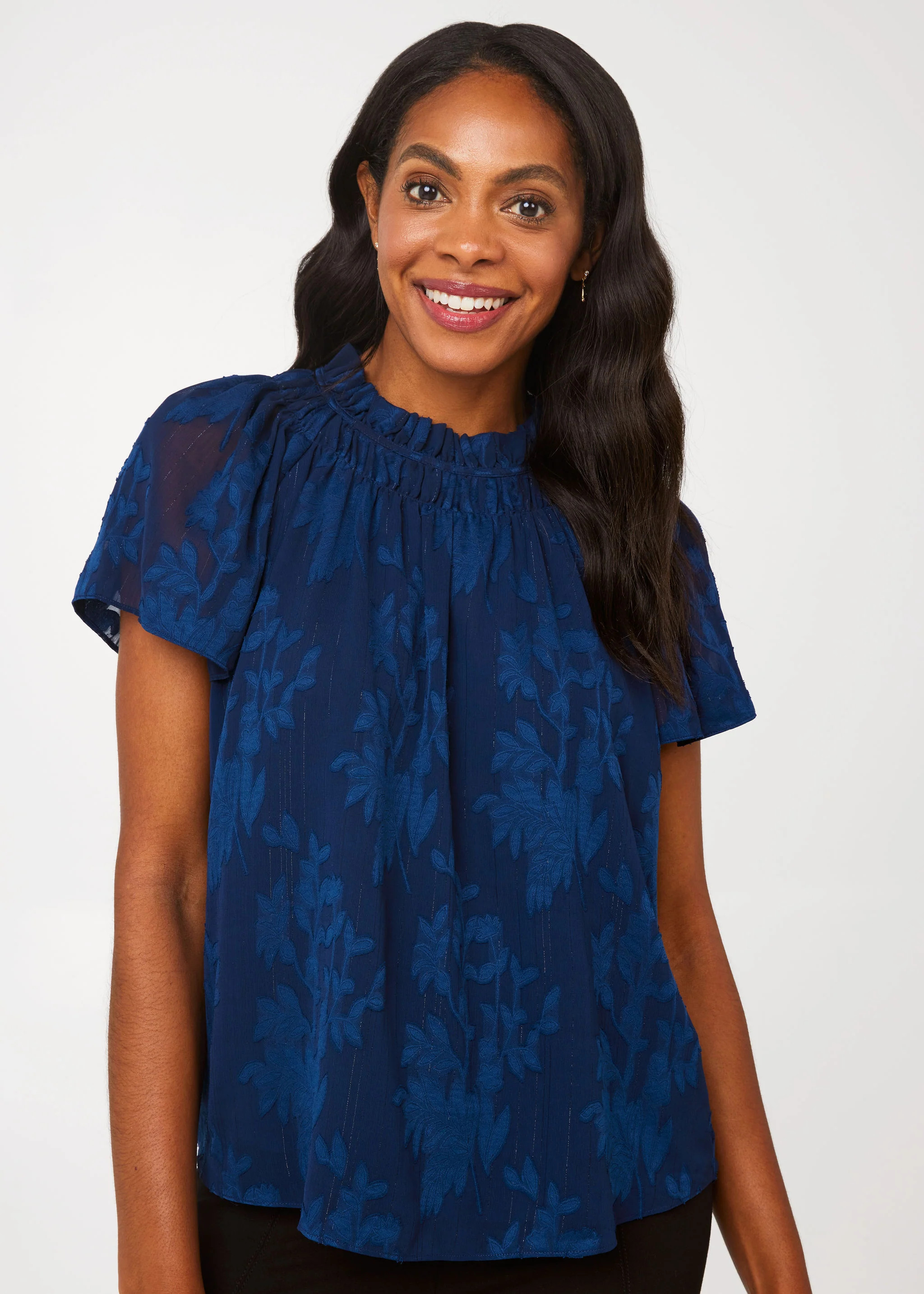 Quinn Blouse Navy Burnout Chiffon | Abbey Glass