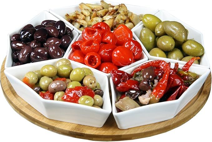 Elama Ceramic Stoneware Condiment Appetizer Set, 7 Piece, Geometric Round in White and Natural Ba... | Amazon (US)