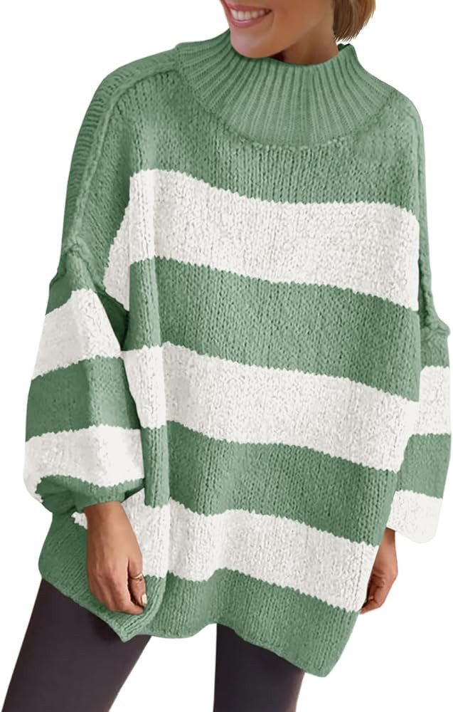 Saodimallsu Womens Oversized Striped Sweater Mock Neck Chunky Knit Lantern Long Sleeve Fall Trend... | Amazon (US)