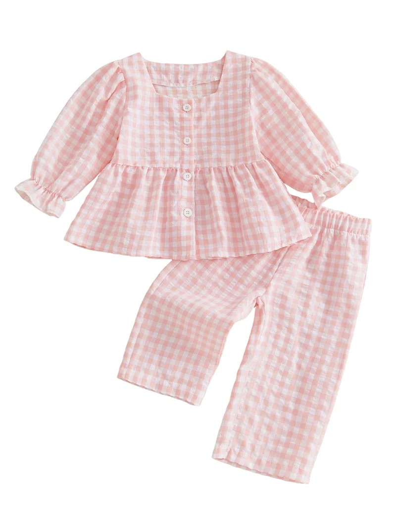 Loicainy Baby Toddler Girls Fall Clothes Set 6 12 18 24 Months 2T 3T 4T 5T Plaid Square Neck Butt... | Walmart (US)