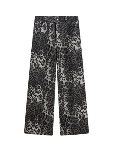 CIDER Denim Mid Waist Leopard Wide Leg Pants: Grey, XL | Amazon (US)