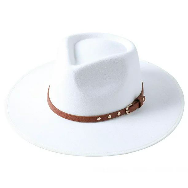 Women Lady Elegant Wide Brim Hat Warm Wool Fedora Hat with Belt Buckle,White - Walmart.com | Walmart (US)